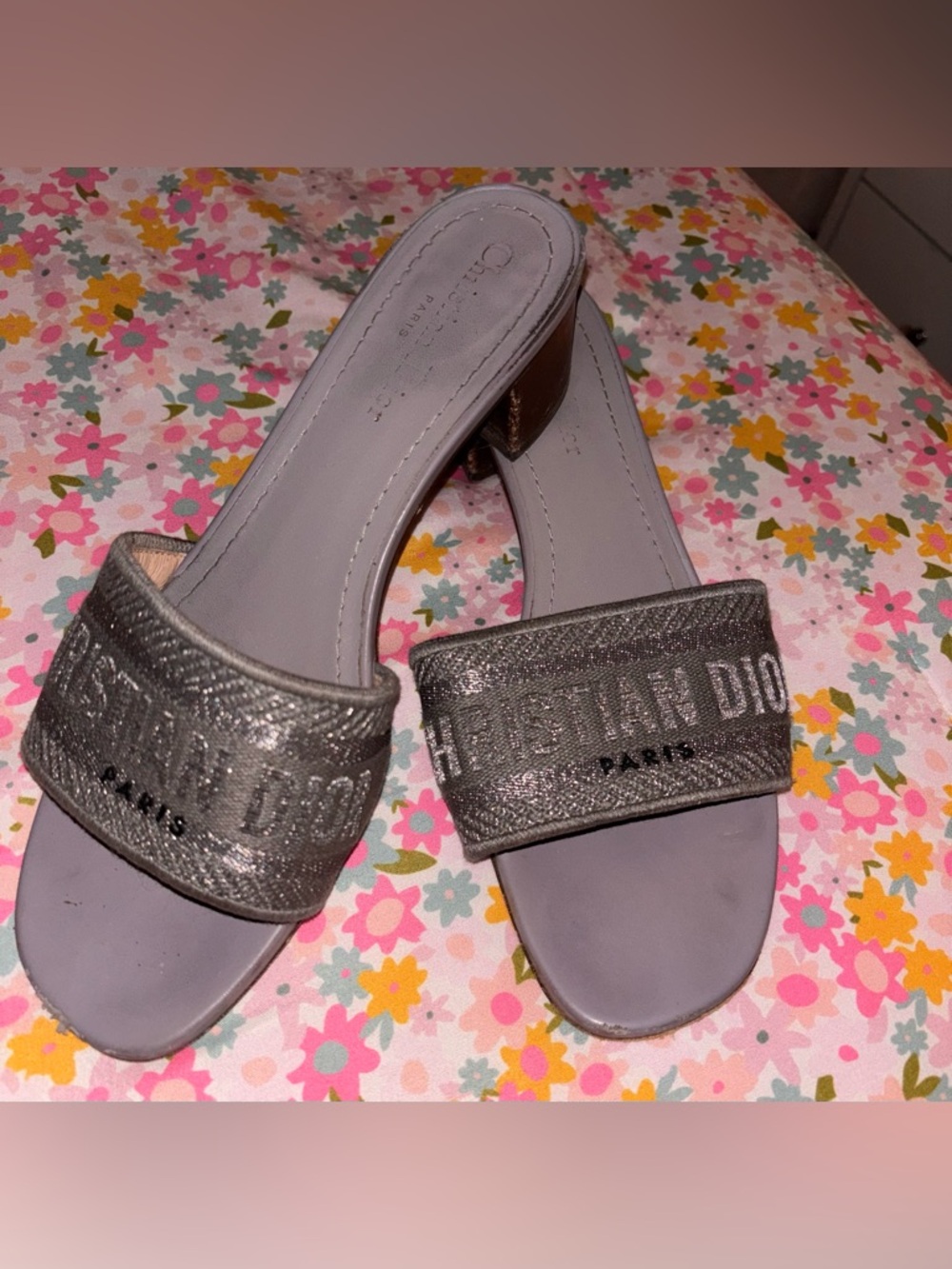 Dior Silver Gray Embossed Slide Mules
